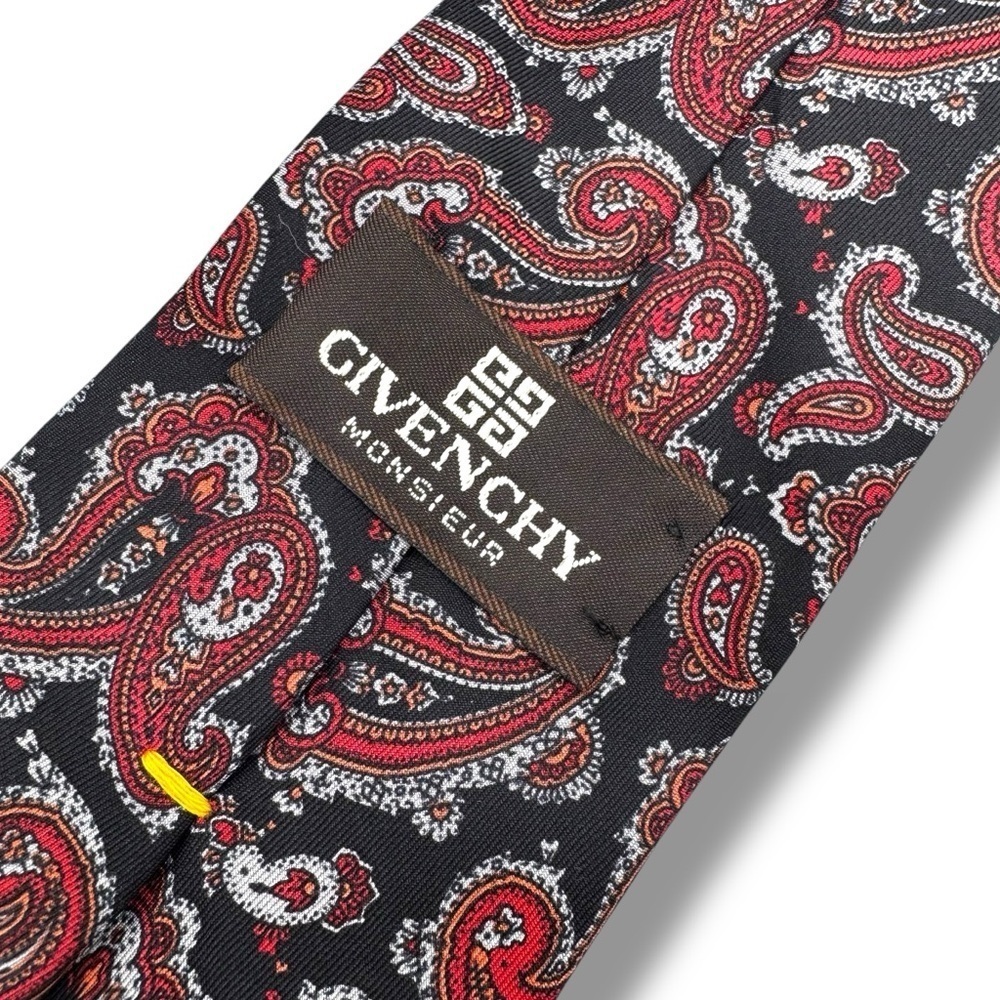 Givenchy Monsieur Vintage 100% Silk Mens Paisley Tie, Black/Red Paisley